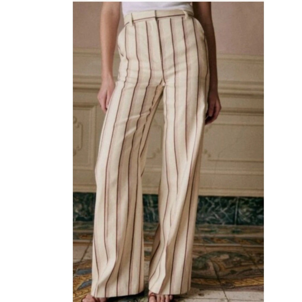 Sezane Matheo Striped Wide Leg Linen Cotton Trousers Size 42 US Size 10